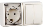Simon 1594515-031 Блок IP54. Розетка с крышкой Schuko 2Р+Е 16A + Двухклавишный выкл-ль 10AX 250В