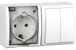 Simon 1594515-030 Блок IP54. Розетка с крышкой Schuko 2Р+Е 16A + Двухклавишный выкл-ль 10AX 250В