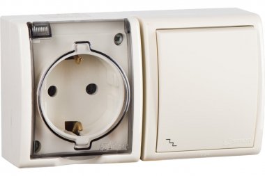 Фотография товара 'Simon 1594516-031 Блок IP54. Розетка с крышкой Schuko 2Р+Е 16A + Переключатель 10AX 250В'