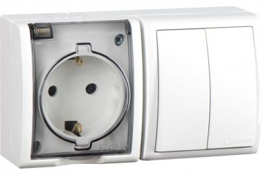 Фотография товара 'Simon 1594515-030 Блок IP54. Розетка с крышкой Schuko 2Р+Е 16A + Двухклавишный выкл-ль 10AX 250В'