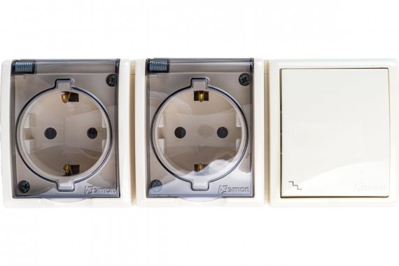 Фотография товара 'Simon 1594526-031 Блок IP54. Розетка двойная с крышкой Schuko 2x2Р+Е 16A + Переключатель 10AX 250В'