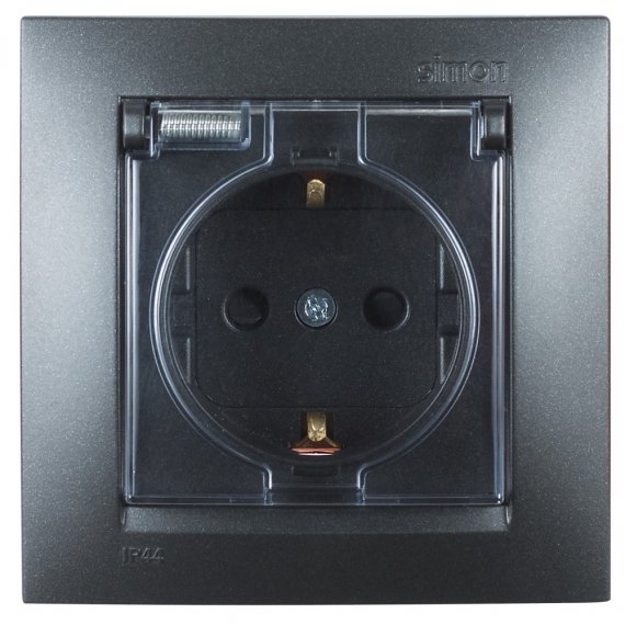 Фотография товара 'Simon 1590450-038 Розетка IP44 моноблок с крышкой и шторками Schuko 2Р+Е, 16A 250В'