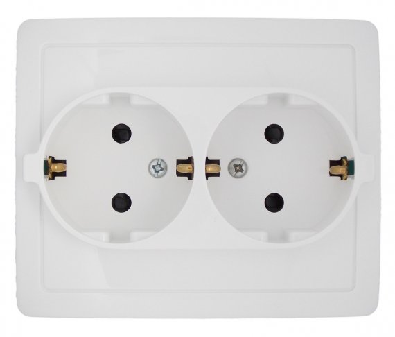 Фотография товара 'Simon 1590451-030 Розетка двойная моноблок со шторками Schuko 2x2Р+Е, 16A 250В'