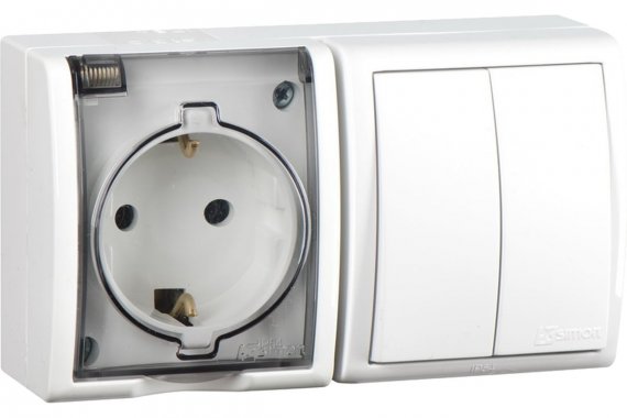 Фотография товара 'Simon 1594515-030 Блок IP54. Розетка с крышкой Schuko 2Р+Е 16A + Двухклавишный выкл-ль 10AX 250В'