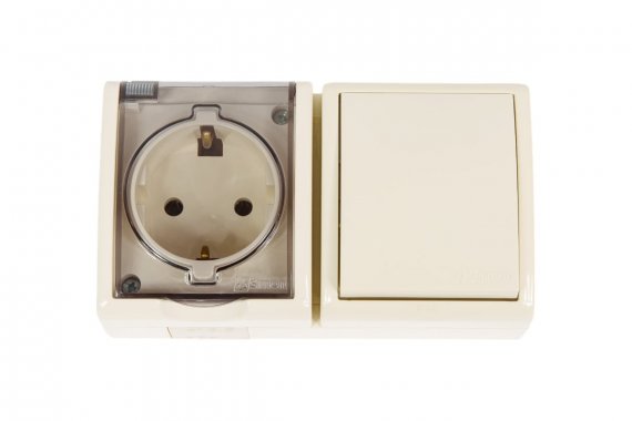 Фотография товара 'Simon 1594511-031 Блок IP54. Розетка с крышкой Schuko 2Р+Е 16A + Однополюсный выкл-ль 10AX 250В'